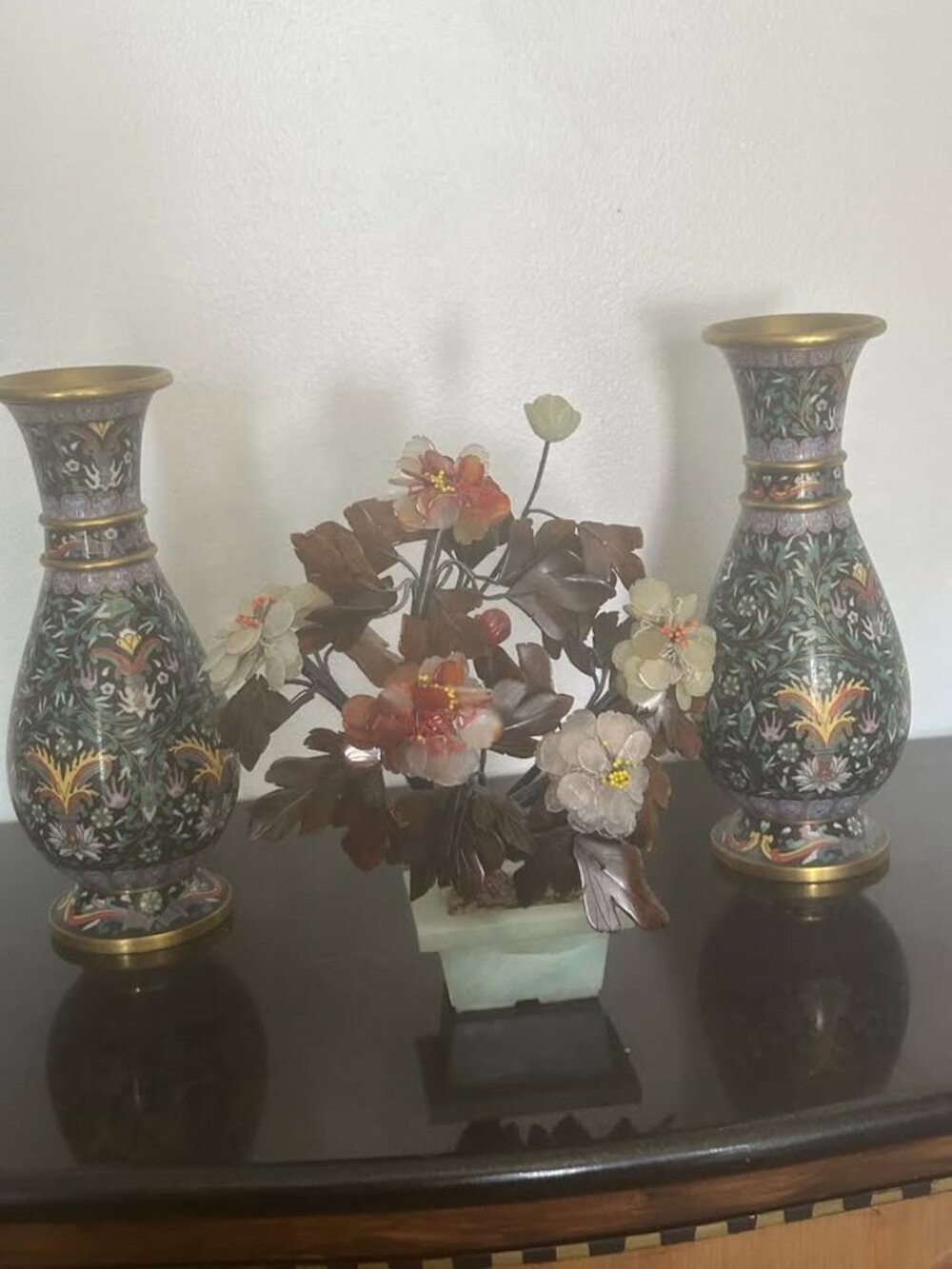 PAIR of Early 20c Chinese Brass, Cloisonne Enamel Balusta-shape Vase.